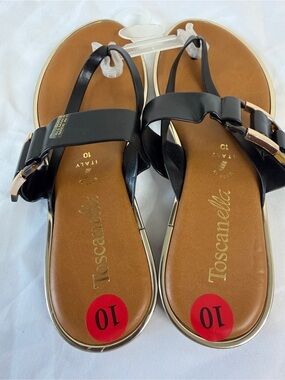 Toscanella Black Leather Flat Sandals